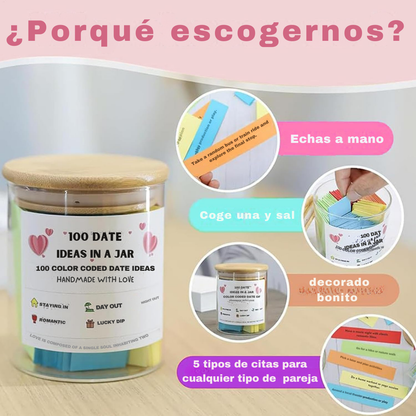 Jarra con 100 ideas de citas para parejas